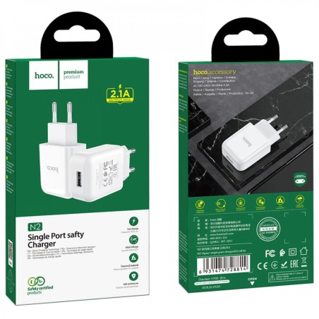 Caricabatteria da rete una porta USB 2.1A bianco
