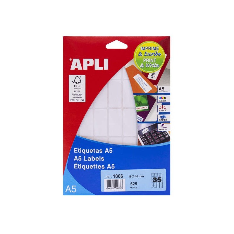 Apli Pack de 525 Etiquetas A5 19.0 x 40.0mm - Color Blanco