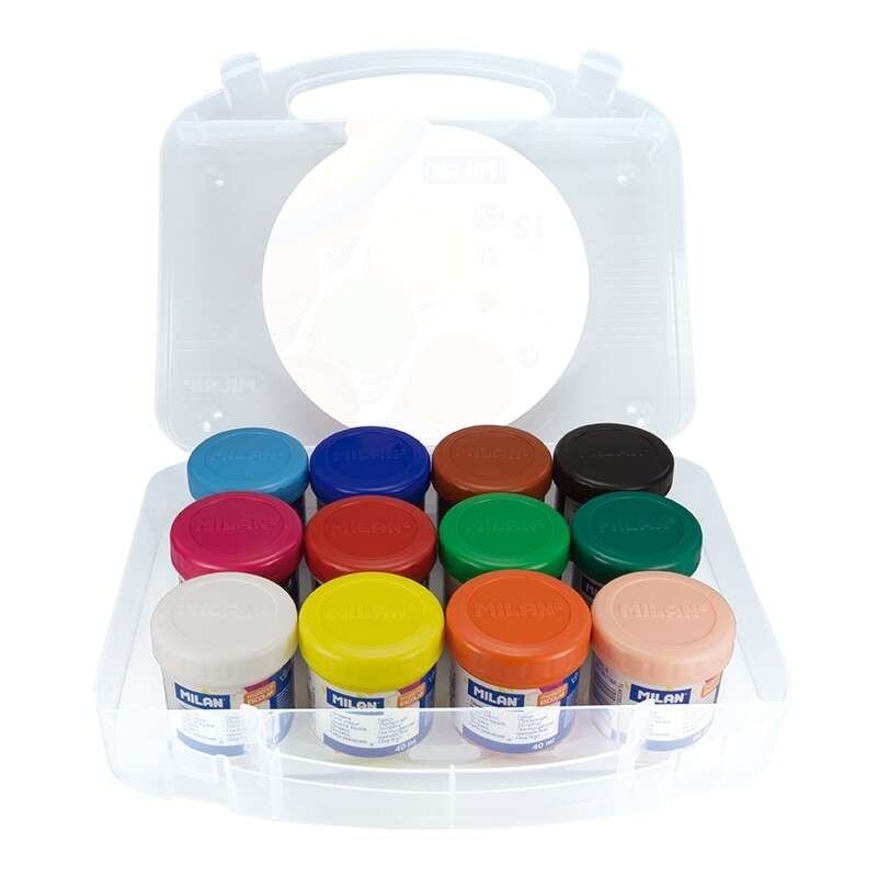Milan Pack de 12 Botes de Tempera 40ml + 1 Pincel Serie 101 - Secado Rapido - Mezclable - Colores Surtidos Milan Pack de 12 Botes de Tempera 40ml + 1 Pincel Serie 101 - Secado Rapido - Mezclable - Colores Surtidos