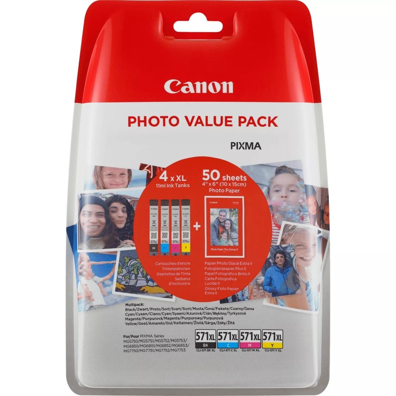 Canon CLI571XL Confezione da 4 cartucce d'inchiostro originali - 50 fogli di carta fotografica - 0332C005 Canon CLI571XL Confezione da 4 cartucce d'inchiostro originali - 50 fogli di carta fotografica - 0332C005