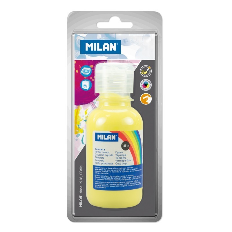 Milan Botella de Tempera 125 ml - Tapon Dosificador - Secado Rapido - Mezclable - Color Amarillo Limon Milan Botella de Tempera 125 ml - Tapon Dosificador - Secado Rapido - Mezclable - Color Amarillo Limon
