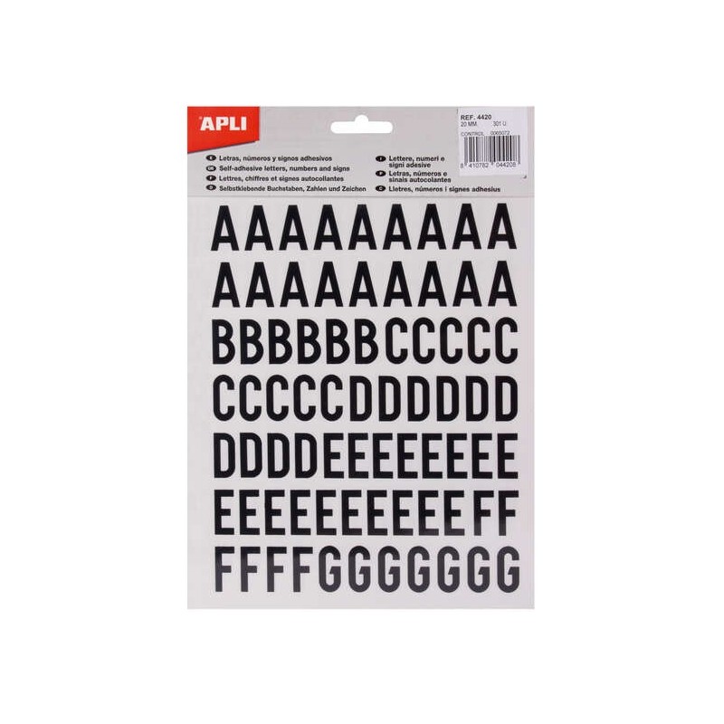 Apli Letras de Palo Mayusculas Adhesivas - Altura 20mm - Color Negro - Pack de 4 Hojas (301 Letras) Apli Letras de Palo Mayusculas Adhesivas - Altura 20mm - Color Negro - Pack de 4 Hojas (301 Letras)