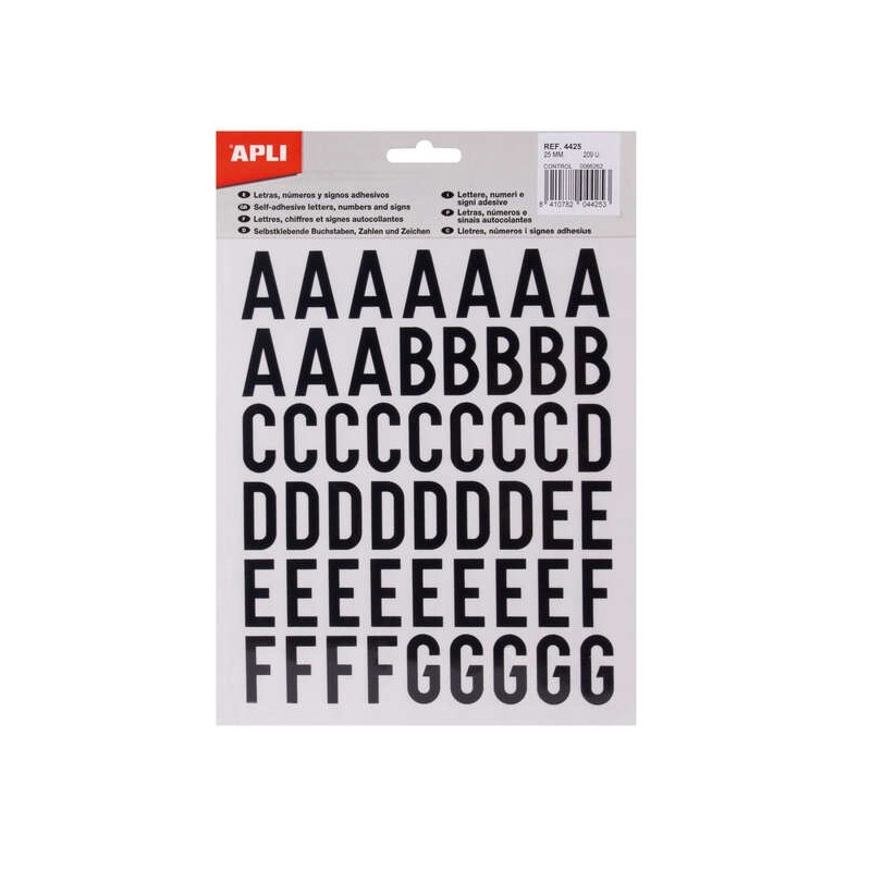 Apli Letras Adhesivas de Palo Mayusculas - Altura 25mm - Color Negro - Pack de 4 Hojas con 209 Letras Apli Letras Adhesivas de Palo Mayusculas - Altura 25mm - Color Negro - Pack de 4 Hojas con 209 Letras