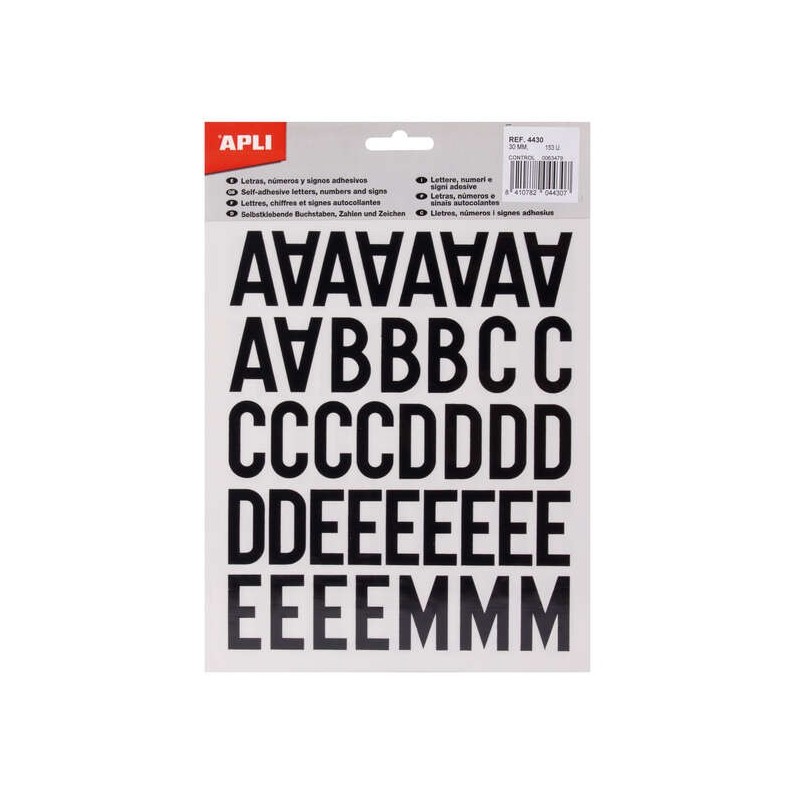 Apli Letras Adhesivas de Palo Mayusculas - Altura 30mm - Color Negro - Pack de 4 Hojas con 153 Letras Apli Letras Adhesivas de Palo Mayusculas - Altura 30mm - Color Negro - Pack de 4 Hojas con 153 Letras