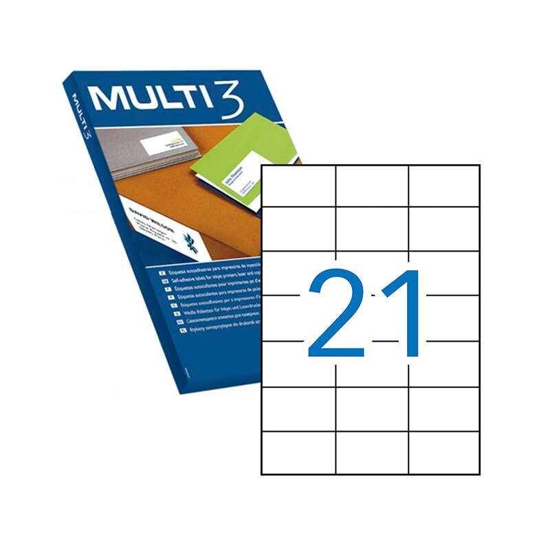 Confezione Multi3 da 2.100 etichette bianche con bordi dritti dimensioni 70,0 x 42,4 mm con adesivo permanente per molteplici us Confezione Multi3 da 2.100 etichette bianche con bordi dritti dimensioni 70,0 x 42,4 mm con adesivo permanente per molteplici us