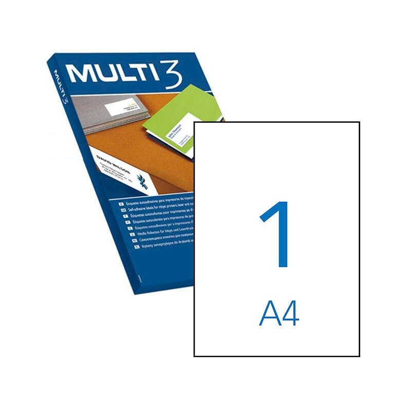 Multi3 Pack de 100 Etiquetas Blancas Cantos Rectos Tamaño 210.0X297.0mm con Adhesivo Permanente para Multiples Usos Multi3 Pack de 100 Etiquetas Blancas Cantos Rectos Tamaño 210.0X297.0mm con Adhesivo Permanente para Multiples Usos