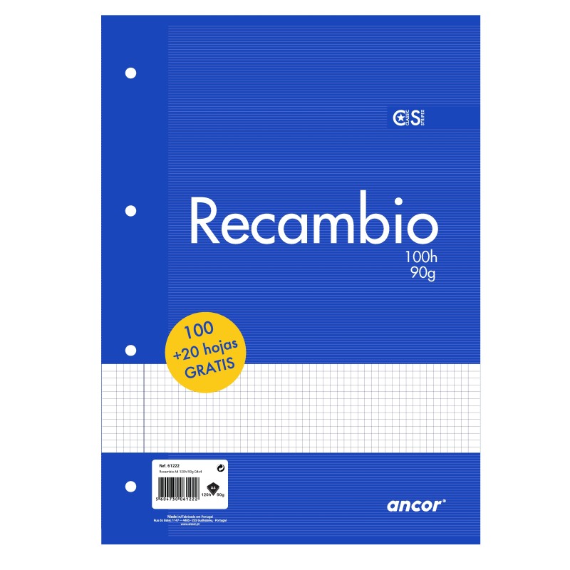 Ancor Recambio de 120 Hojas 90gr Tamaño A4 Cuadriculado 4x4mm - 4 Taladros Ancor Recambio de 120 Hojas 90gr Tamaño A4 Cuadriculado 4x4mm - 4 Taladros