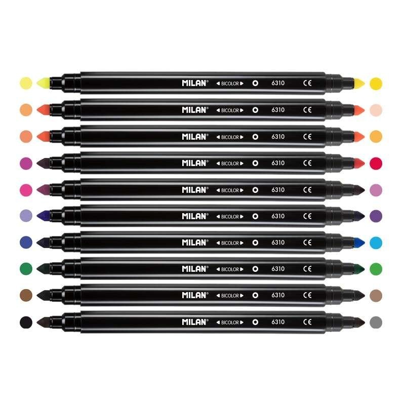 Milan Pack de 10 Rotuladores Bicolor Doble Punta - Punta Conica 5mm - Tinta al Agua - Lavable - Colores Surtidos Milan Pack de 10 Rotuladores Bicolor Doble Punta - Punta Conica 5mm - Tinta al Agua - Lavable - Colores Surtidos