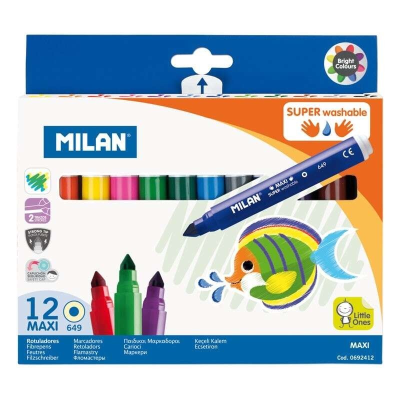Milan Pack de 12 Rotuladores Super Lavables Maxi - Punta Conica 7.5mm - Tinta al Agua - Lavable - Colores Surtidos Milan Pack de 12 Rotuladores Super Lavables Maxi - Punta Conica 7.5mm - Tinta al Agua - Lavable - Colores Surtidos
