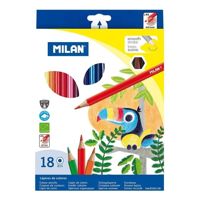Milan Confezione da 18 Matite Colorate Esagonali - Mina da 2,9 mm - Linea Uniforme - Resistenti alla Rottura - Colori Assortiti Milan Confezione da 18 Matite Colorate Esagonali - Mina da 2,9 mm - Linea Uniforme - Resistenti alla Rottura - Colori Assortiti