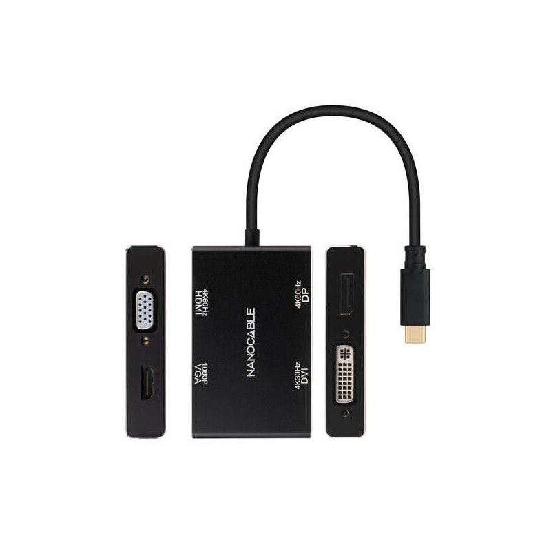 Convertitore nanocavo da USB-C/M a HDMI/H + DVI/H + DP/H + VGA/H - 10 cm - Colore nero Convertitore nanocavo da USB-C/M a HDMI/H + DVI/H + DP/H + VGA/H - 10 cm - Colore nero
