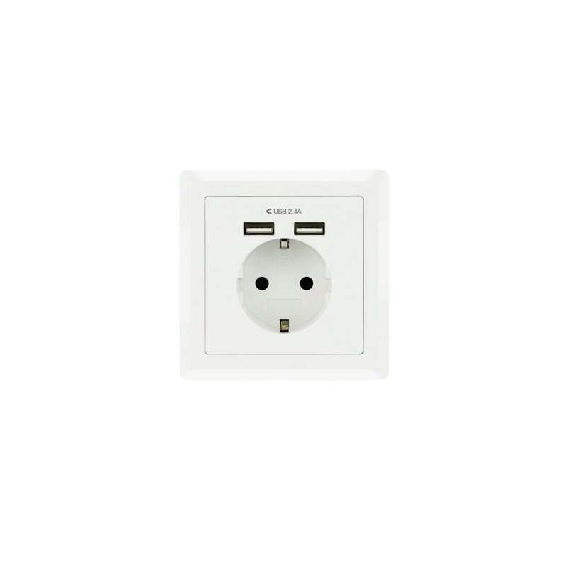 Base da incasso a muro con rosone nanocavo tipo Schuko con 2 prese USB 2.4A - Colore bianco Base da incasso a muro con rosone nanocavo tipo Schuko con 2 prese USB 2.4A - Colore bianco