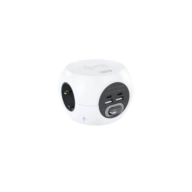 Base nanocavo con 3 connettori tipo F + 2x USB-A e 2x USB-C + ricarica wireless con interruttore - cavo da 1,40 m Base nanocavo con 3 connettori tipo F + 2x USB-A e 2x USB-C + ricarica wireless con interruttore - cavo da 1,40 m