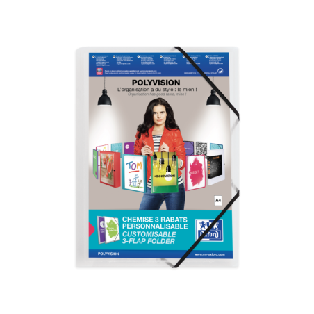 Cartella in gomma Oxford Polyvision A4+ a 3 lembi - Copertina in plastica personalizzabile - Dorso trasparente da 30 mm 12pz 12p