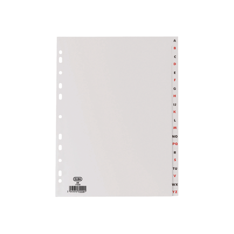 Indice alfabetico Elba A4 20 posizioni - Plastica resistente 120 micron - Formato A4 - Colore grigio Indice alfabetico Elba A4 20 posizioni - Plastica resistente 120 micron - Formato A4 - Colore grigio