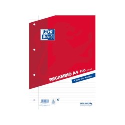 Oxford Recambio Formato A4 Horizontal 1 Linea 4 Taladros - 100 Hojas Sueltas con Margen