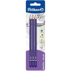 Pelikan Blister da 3 Matite in Legno HB - Punta in Grafite - Corpo Verniciato - Sezione Esagonale - Mina Resistente