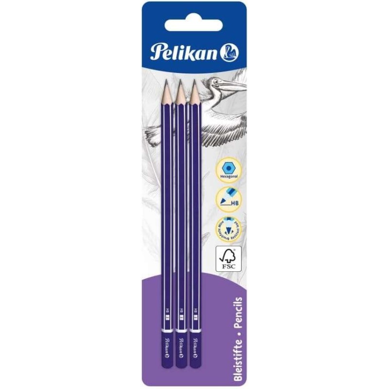 Pelikan Blister da 3 Matite in Legno HB - Punta in Grafite - Corpo Verniciato - Sezione Esagonale - Mina Resistente Pelikan Blister da 3 Matite in Legno HB - Punta in Grafite - Corpo Verniciato - Sezione Esagonale - Mina Resistente