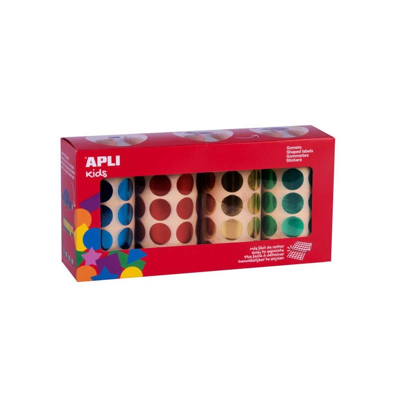 Apli Gomet Tondi Metallici Ø 20mm - Adesivo Permanente - 5.640 Gomet per Confezione - 4 Rotoli da 59 Fogli Apli Gomet Tondi Metallici Ø 20mm - Adesivo Permanente - 5.640 Gomet per Confezione - 4 Rotoli da 59 Fogli