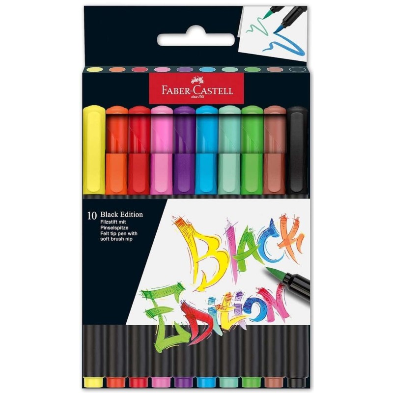 Faber-Castell Black Edition Confezione da 10 pennarelli con punta a pennello - Inchiostro a base di coloranti alimentari - Color Faber-Castell Black Edition Confezione da 10 pennarelli con punta a pennello - Inchiostro a base di coloranti alimentari - Color