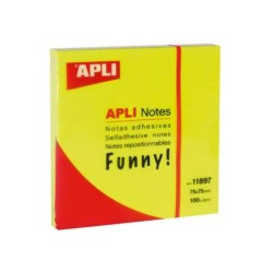 Apli Notas Adhesivas Funny 75x75mm - Bloc de 100 Hojas - Adhesivo de Calidad - Facil de Despegar - Color Amarillo Fluorescente