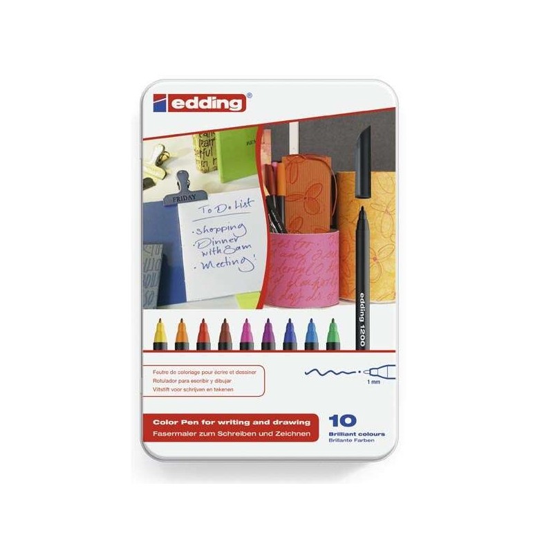 Edding 1200 Caja Metalica con 10 Rotuladores - Punta Redonda - Trazo 1mm - Tinta con Base de Agua Edding 1200 Caja Metalica con 10 Rotuladores - Punta Redonda - Trazo 1mm - Tinta con Base de Agua