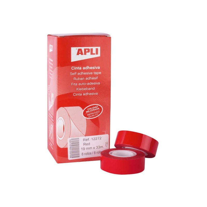 Apli Cinta Adhesiva Roja 19mm x 33m - Resistente al Desgarro - Facil de Cortar - Ideal para Manualidades y Embalaje - Rojo