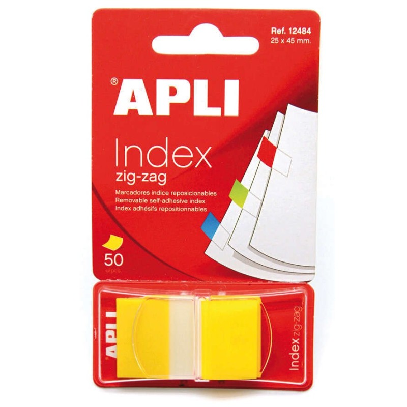 Apli adesive Indexes Film Zigzag 45x25mm Dispenser da 50 - Adesivo rimovibile - Zigzag per una facile identificazione - Giallo Apli adesive Indexes Film Zigzag 45x25mm Dispenser da 50 - Adesivo rimovibile - Zigzag per una facile identificazione - Giallo