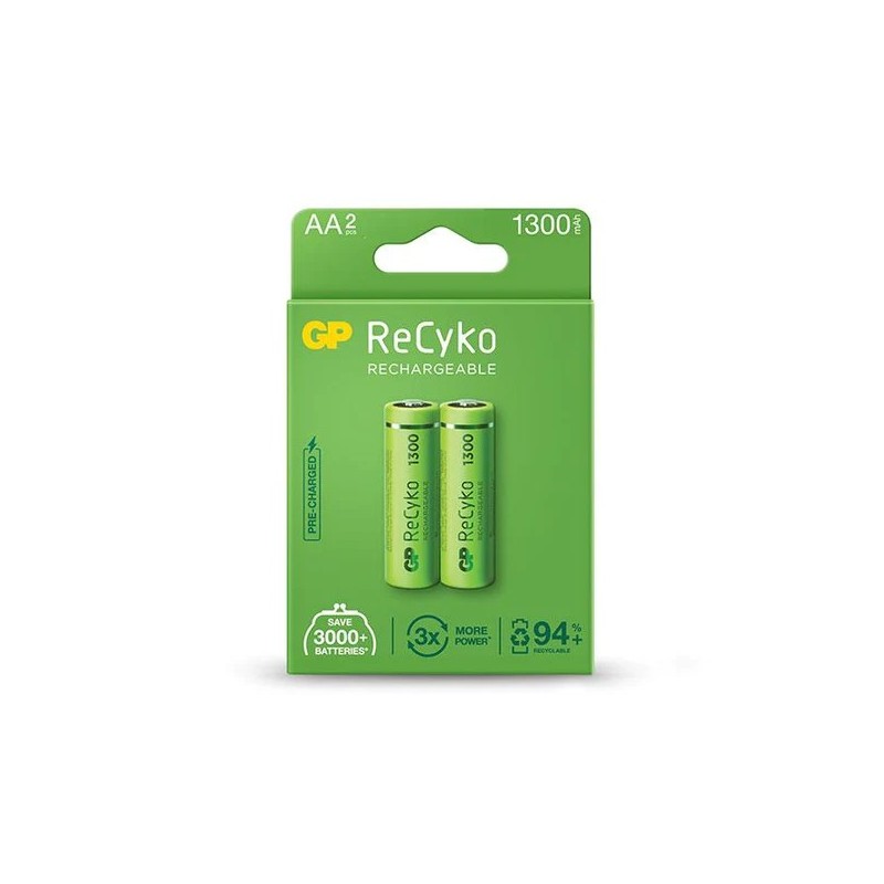 GP ReCyko Confezione da 2 batterie ricaricabili 1300mAh AA 1,2V - Pre-caricate - Realizzate con oltre il 10% di materiali ricicl GP ReCyko Confezione da 2 batterie ricaricabili 1300mAh AA 1,2V - Pre-caricate - Realizzate con oltre il 10% di materiali ricicl