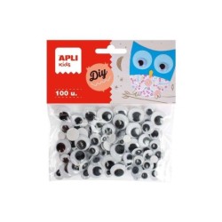 Apli Pack de 100 Ojos Moviles Redondos Adhesivos - Medidas Surtidas Ø 7 mm, Ø 10 mm, Ø 12 mm y Ø 15 mm - Color Negro