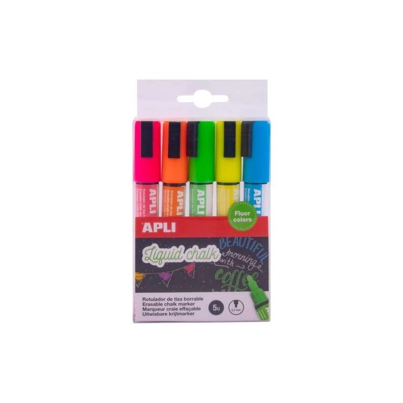 Apli Pack de 5 Rotuladores de Tiza Liquida Punta Redonda - Punta 5.5 mm - Secado Rapido - Colores Surtidos Apli Pack de 5 Rotuladores de Tiza Liquida Punta Redonda - Punta 5.5 mm - Secado Rapido - Colores Surtidos
