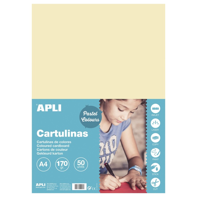 Apli Pack de 50 Cartulinas A4 170g - Libre de Acidos - Aptas para Uso Escolar - Color Marfil Apli Pack de 50 Cartulinas A4 170g - Libre de Acidos - Aptas para Uso Escolar - Color Marfil