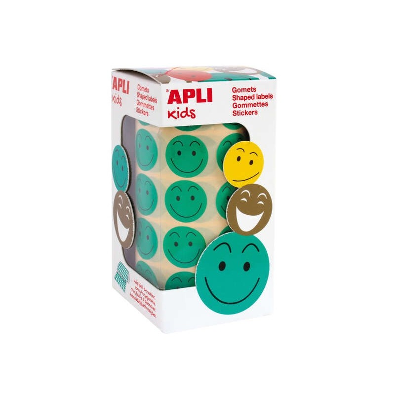 Apli Gomets Cara Feliz Verdes Ø 20mm - Adhesivo Removible - 900 Gomets por Rollo - Ideal para Motivar y Premiar a los Niños