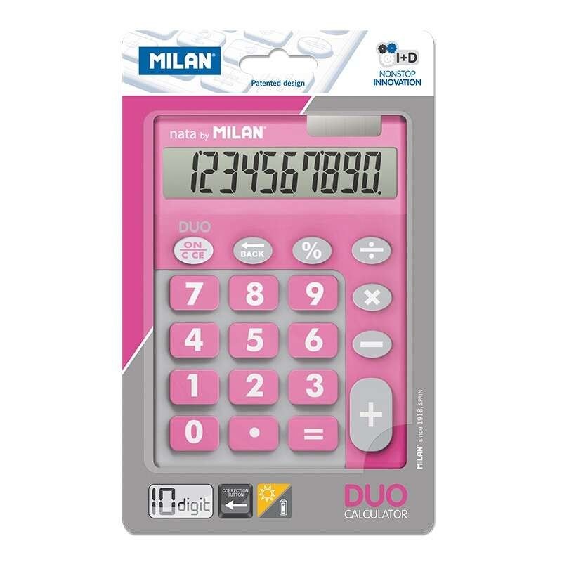 Calcolatrice Milan Duo a 10 cifre - Calcolatrice da tavolo - Tasti grandi - Tasto di rettifica immissione dati - Colore rosa Calcolatrice Milan Duo a 10 cifre - Calcolatrice da tavolo - Tasti grandi - Tasto di rettifica immissione dati - Colore rosa