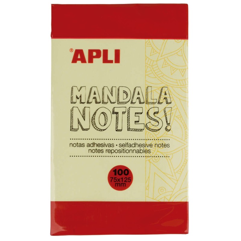 Apli Mandala Sticky Notes 125x75mm - 100 fogli - Design Mandala - Adesivo di qualità - Giallo Apli Mandala Sticky Notes 125x75mm - 100 fogli - Design Mandala - Adesivo di qualità - Giallo