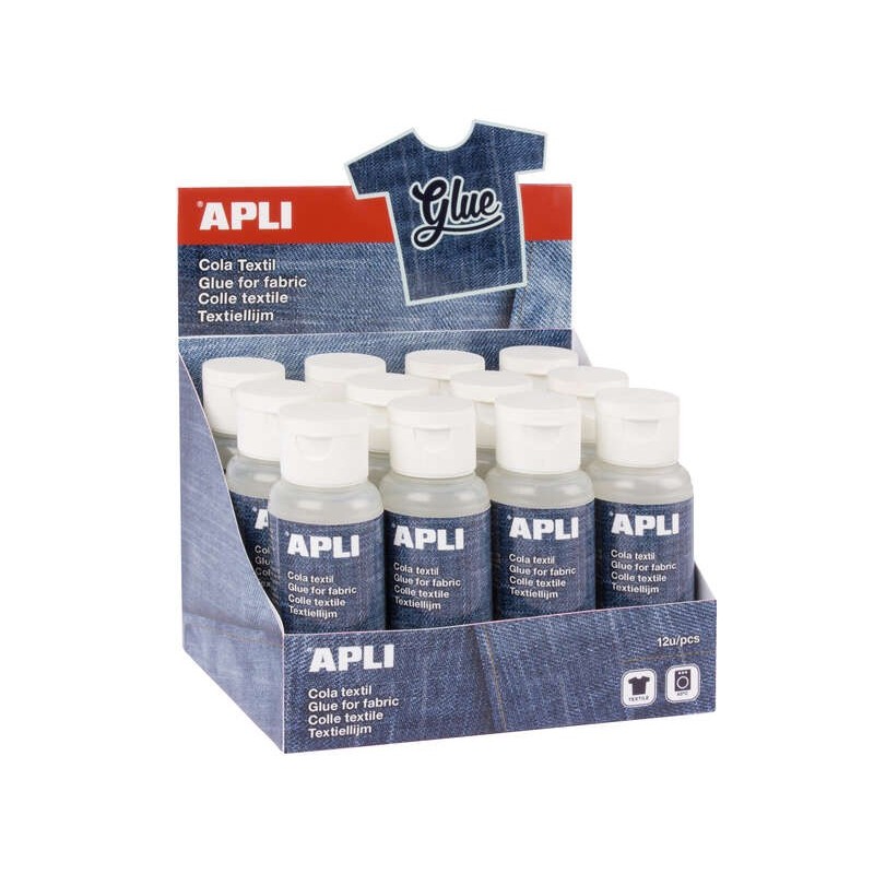 Colla Speciale per Tessuti Apli - 80ml - Resistente ai lavaggi - Ideale per Tessuti - Trasparente 12pz 12pz Colla Speciale per Tessuti Apli - 80ml - Resistente ai lavaggi - Ideale per Tessuti - Trasparente 12pz 12pz