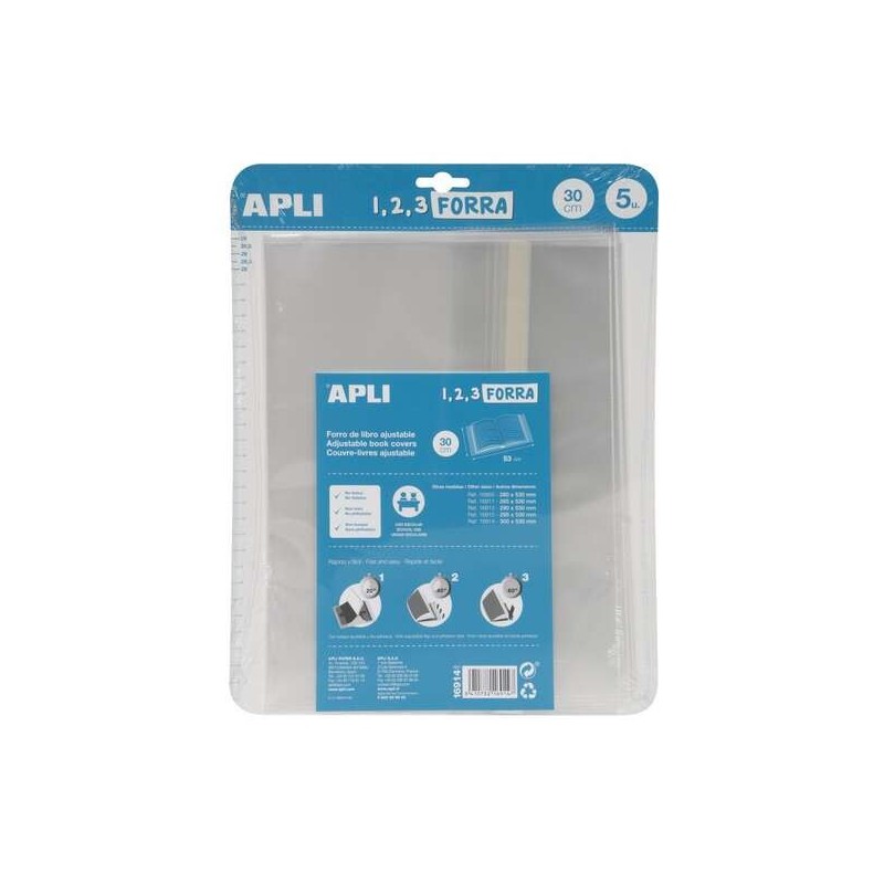 Apli Pack de 5 Forros de Libro con Solapa Ajustable 300 mm - PP - Forra en 3 Pasos