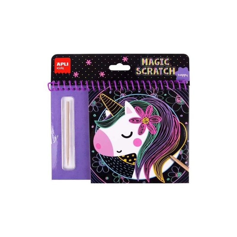 Apli Bloc Magic Scratch Happy - 8 Laminas para Rascar - Palito Rascador de Madera - Ilustracion con Imagen de Muestra