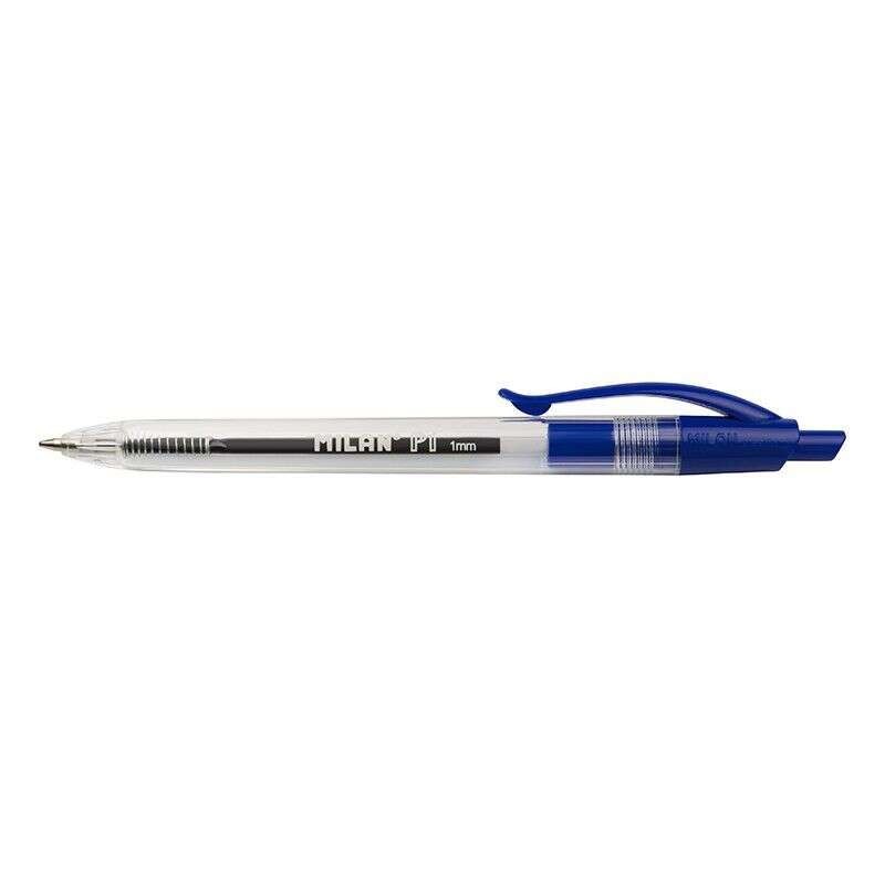 Milan P1 Boligrafo de Bola Retractil - Punta Redonda 1mm - Cuerpo Transparente - Color Azul Milan P1 Boligrafo de Bola Retractil - Punta Redonda 1mm - Cuerpo Transparente - Color Azul