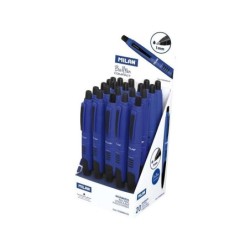 Espositore compatto Milan da 20 penne a sfera retrattili - Punta tonda da 1 mm - Corpo blu/nero - Colore blu