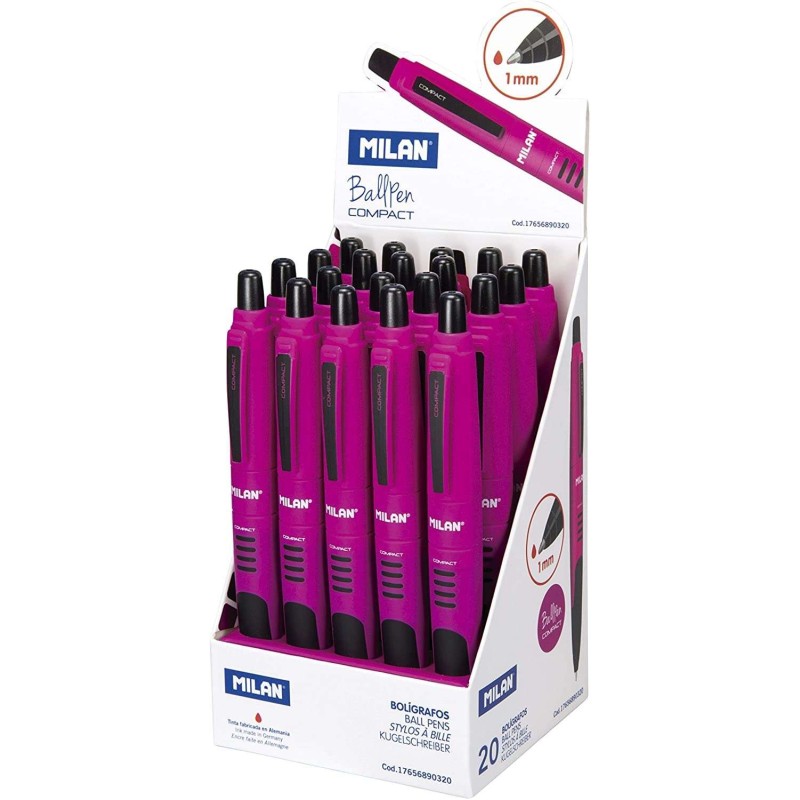 Milan Espositore Compatto da 20 Penne a Sfera Retrattile - Punta Tonda da 1 mm - Corpo Viola/Nero - Colore Rosso Milan Espositore Compatto da 20 Penne a Sfera Retrattile - Punta Tonda da 1 mm - Corpo Viola/Nero - Colore Rosso