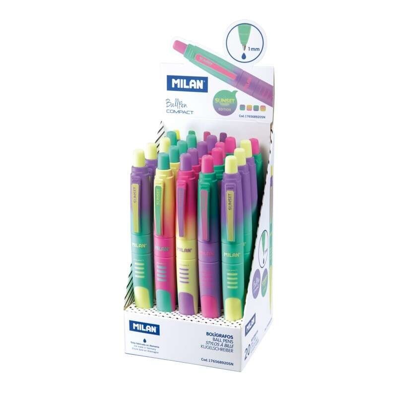 Espositore compatto Milan Sunset da 20 penne a sfera retrattili - Punta tonda da 1 mm - Corpo multicolore pastello - Colore blu Espositore compatto Milan Sunset da 20 penne a sfera retrattili - Punta tonda da 1 mm - Corpo multicolore pastello - Colore blu