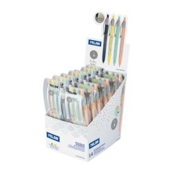 Milan P1 Argento Espositore da 14 Confezioni da 4 Penne a Sfera Retrattili - Punta Rotonda da 1 mm - Sensazione di Gomma - Color