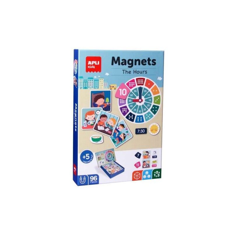 Apli Juego Magnetico Aprende las Horas - 1 Escenario Imantado 28 x 18 cm - 96 Fichas con las Partes del Reloj