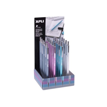 Apli Portaminas Colores Metalicos - 0.7mm - Textura Soft - Capuchon y Goma de Borrar de Metal - 20 Unidades en Expositor