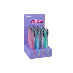 Apli Glitter Expositor de 20 Boligrafos de Metal - Tinta de Aceite - Secado Rapido - Punta 1mm - Colores Surtidos