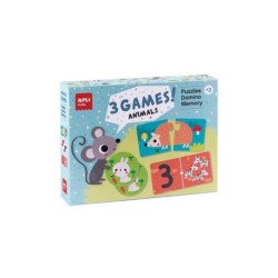 Apli Set de 3 juegos Animales: 1 Puzzle de 24 Piezas, 1 Domino de 36 Piezas y 1 Memory de 24 Piezas