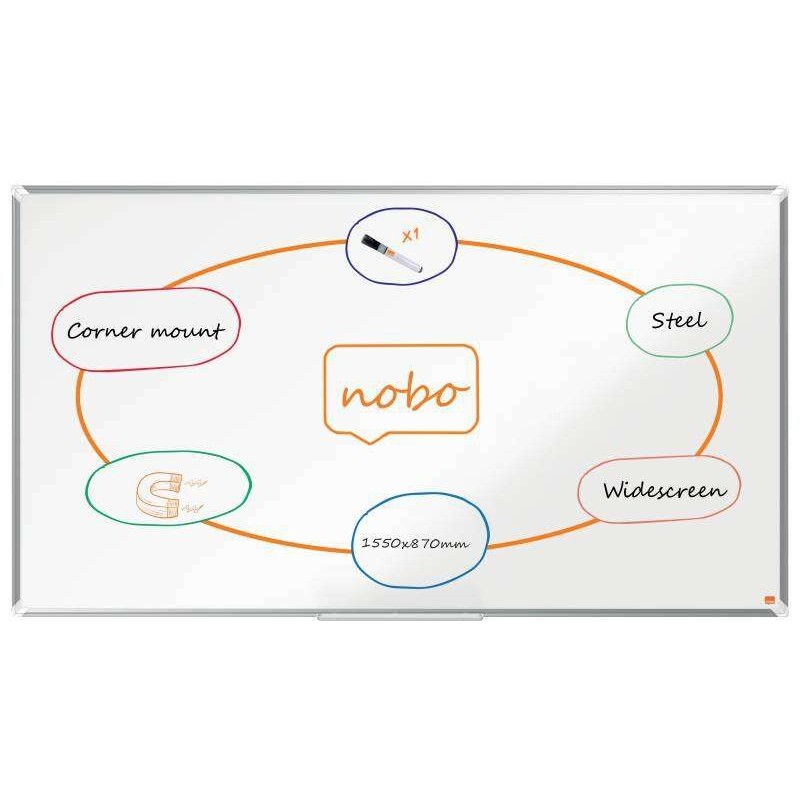 Nobo Premium Plus Pizarra Magnetica de Acero Lacado Panoramica 1550x870mm - Montaje en Esquina - Blanco Nobo Premium Plus Pizarra Magnetica de Acero Lacado Panoramica 1550x870mm - Montaje en Esquina - Blanco