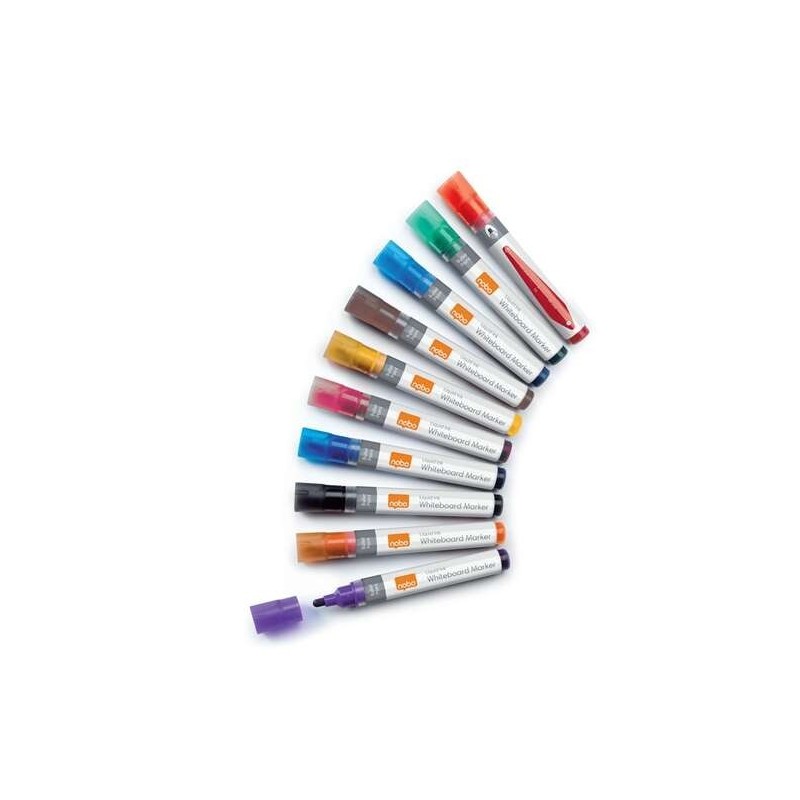 Scatola da 10 pennarelli per lavagna Nobo - Punta tonda da 3 mm - Inchiostro liquido - Livello di inchiostro - Colori assortiti Scatola da 10 pennarelli per lavagna Nobo - Punta tonda da 3 mm - Inchiostro liquido - Livello di inchiostro - Colori assortiti