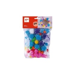 Borsa Apli Kids da 80 pompon glitterati - Dimensioni 10 mm, 20 mm, 25 mm - Colori assortiti